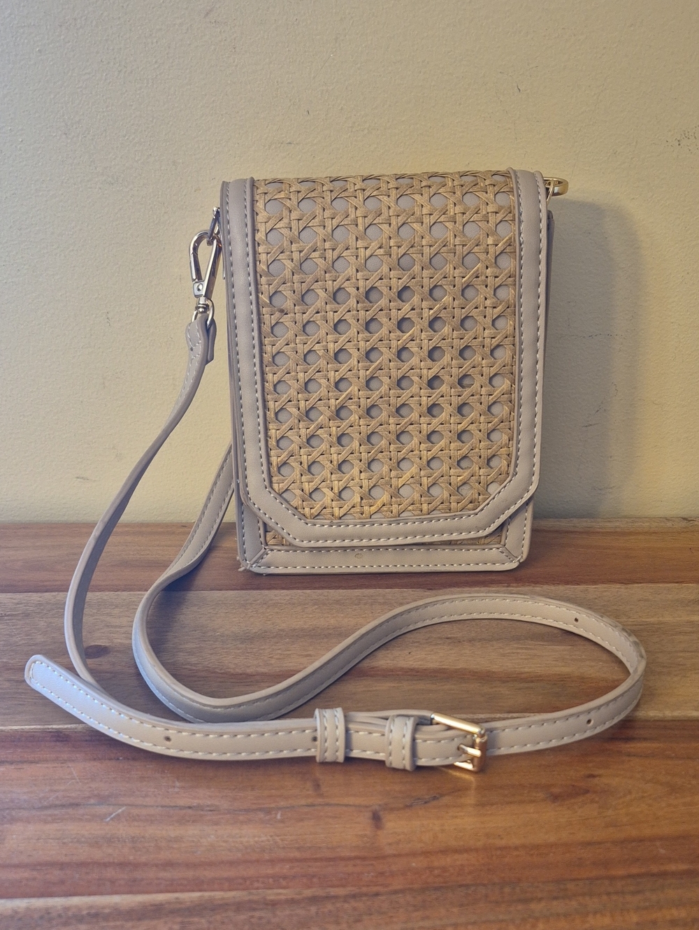 Small Woven Rattan Front Crossbody Bag in Light Beige